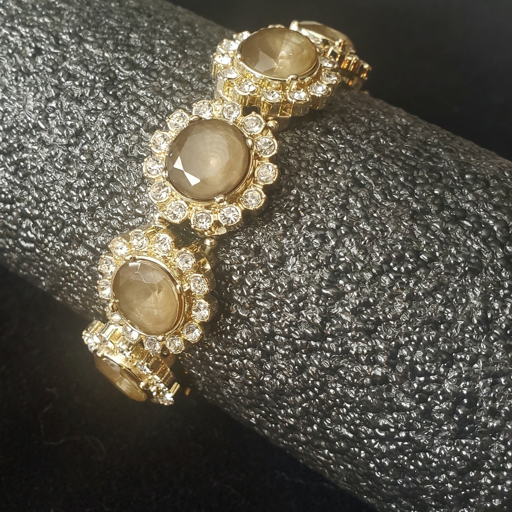 Gold Tone Stretch Bracelet Cabochons & Rhinestones